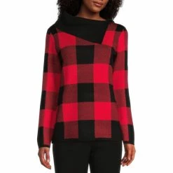 Hot Sale 🤩 Investments Petite Size Checked Print Long Sleeve Envelope Neck Sweater Black Toreador Check 🛒