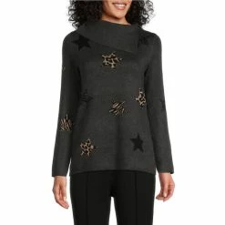 Flash Sale ⌛ Investments Petite Size Star Print Envelope Neck Long Sleeve Sweater Neutral Stars 👏 -Investments Shop unnamed file 1331