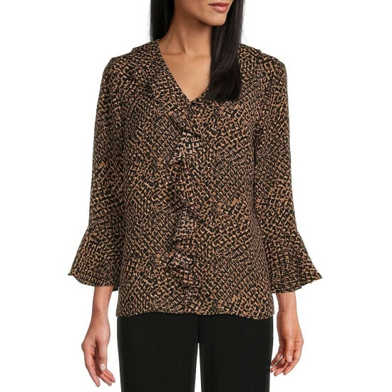 Wholesale ๐ฏ Investments Riley Patched Geo Print Woven Cascading Ruffle V-Neck 3/4 Sleeve Top ๐ 1 Wholesale ๐ฏ Investments Riley Patched Geo Print Woven Cascading Ruffle V-Neck 3/4 Sleeve Top ๐