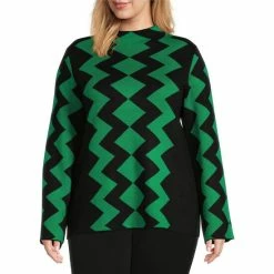 Coupon 🔔 Investments Plus Size Chevron Print Long Sleeve Funnel Mock Neck Sweater Black/jolly Green Chevron 👍