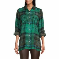 Best reviews of 👍 Slim Factor By Investments Plaid Button Up Roll-Tab Sleeve Top Crosshatch Plaid 😍