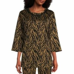 Hot Sale 🤩 Slim Factor By Investments Animal Print 3/4 Sleeve Novelty Trim Chain Crew Neck Side Slit Coordinating Top Zebra Peaks 🛒