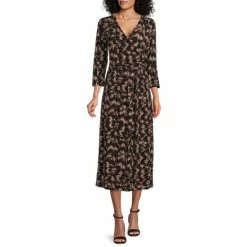 Investments Shop 29 Wholesale 🔔 Investments Soft Separates Surplice V-Neck 3/4 Sleeve Blocked Etchings Print Faux Wrap Midi 👗 Dress ⭐