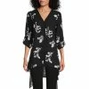 Deals 🎁 Slim Factor By Investments Woven V-Neck 3/4 Roll-Tab Sleeve Handkerchief Hem Floral Print Tunic Scattered Floral ⭐