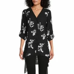 Deals 🎁 Slim Factor By Investments Woven V-Neck 3/4 Roll-Tab Sleeve Handkerchief Hem Floral Print Tunic Scattered Floral ⭐
