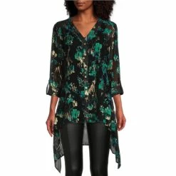 Discount 🎉 Slim Factor By Investments Gold Foiled Floral Print V-Neck High-Low Button Front Blouse Gold Floral 🛒