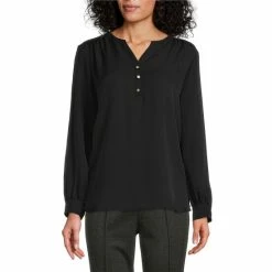 Cheapest 👍 Investments Petite Size Woven Long Sleeve Y-Neck Button Front Top Surf The Web 🔥 -Investments Shop unnamed file 1372