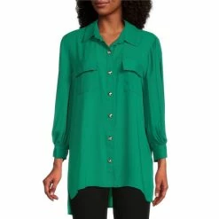 Buy 🔥 Slim Factor By Investments 3/4 Puff Sleeve Button Front Flap Pocket High-Low Top Lush Meadow ✨