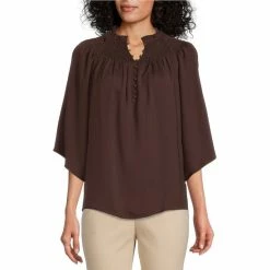 Hot Sale 😍 Investments 3/4 Sleeve Smocked Ruffle Crew Neck Partial Button Front Top Black 💯