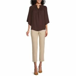 Hot Sale 😍 Investments 3/4 Sleeve Smocked Ruffle Crew Neck Partial Button Front Top Black 💯 -Investments Shop unnamed file 1383