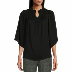 Hot Sale 😍 Investments 3/4 Sleeve Smocked Ruffle Crew Neck Partial Button Front Top Black 💯 -Investments Shop unnamed file 1384