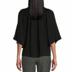 Hot Sale 😍 Investments 3/4 Sleeve Smocked Ruffle Crew Neck Partial Button Front Top Black 💯 -Investments Shop unnamed file 1385