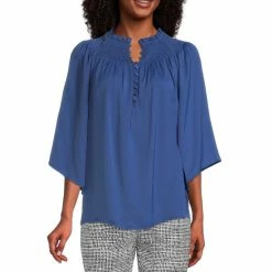 Hot Sale 😍 Investments 3/4 Sleeve Smocked Ruffle Crew Neck Partial Button Front Top Black 💯 -Investments Shop unnamed file 1389