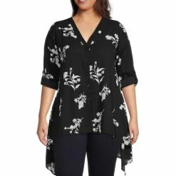Best Sale ❤️ Slim Factor By Investments Plus Size Woven Floral Print V-Neck 3/4 Roll-Tab Sleeve Handkerchief Hem Tunic Scattered Floral 🛒