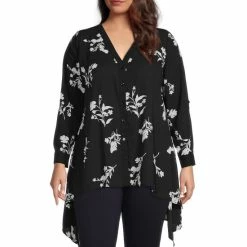 Best Sale ❤️ Slim Factor By Investments Plus Size Woven Floral Print V-Neck 3/4 Roll-Tab Sleeve Handkerchief Hem Tunic Scattered Floral 🛒 -Investments Shop unnamed file 1392