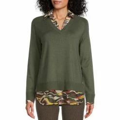 Cheap 🔥 Investments Long Sleeve Abstract Printed V-Neck Two-Fer Top Ante Green 🤩