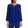 Discount 💯 Slim Factor By Investments Henley Crew Neck 3/4 Pleated Sleeve Chiffon Hem Top Royal Blue 🛒