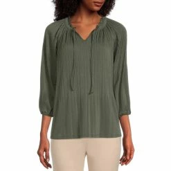 Cheap 🧨 Investments Knit Pleated Tie V-Neck 3/4 Sleeve Top Black ✨