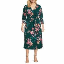 Best reviews of 🥰 Investments Plus Size Soft Separates V-Neck 3/4 Sleeve Watercolor Floral Faux Wrap Midi 👗 Dress 👍