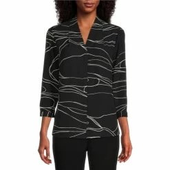 Budget 🎁 Investments Petite Size Caroline Signature Linear Ripple V-Neck 3/4 Sleeve Button Front Top 🧨