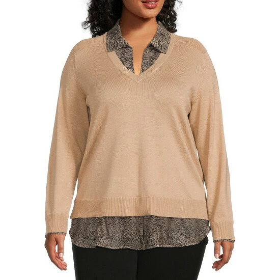 Best Pirce 🤩 Investments Plus Size Cheetah Print Long Sleeve V-Neck Two-Fer Top Nomad 🥰 1 Best Pirce 🤩 Investments Plus Size Cheetah Print Long Sleeve V-Neck Two-Fer Top Nomad 🥰
