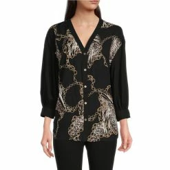 Best Sale 🥰 Slim Factor By Investments Chain Print V-Neck 3/4 Sleeve Button Front Blouse Scattered Chains 🌟