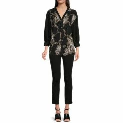 Best Sale 🥰 Slim Factor By Investments Chain Print V-Neck 3/4 Sleeve Button Front Blouse Scattered Chains 🌟 -Investments Shop unnamed file 1470