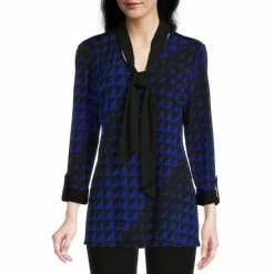 Top 10 🧨 Slim Factor By Investments Geo Wave Print 3/4 Roll-Tab Sleeve V-Neck Tie Front Blouse Geo Waves 🧨