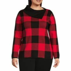 Promo 🌟 Investments Plus Size Black Toreador Check Print Long Sleeve Envelope Neck Sweater ✔️