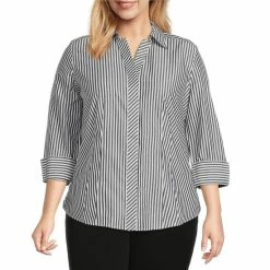 Cheapest ✔️ Investments Plus Size Taylor Gold Label Non Iron Point Collar 3/4 Sleeve Stripe Button Front 👕 Shirt Bold Stripe 🔔