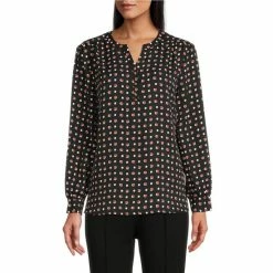 New 👏 Investments Woven Playful Dots Print Long Sleeve Y-Neck Button Front Blouse 💯