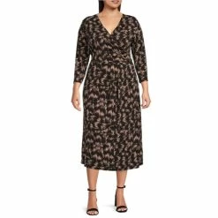 Deals 🔔 Investments Plus Size Soft Separates V-Neck 3/4 Sleeve Blocked Etchings Faux Wrap Midi 👗 Dress 🛒