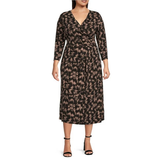 Deals 🔔 Investments Plus Size Soft Separates V-Neck 3/4 Sleeve Blocked Etchings Faux Wrap Midi 👗 Dress 🛒 1 Deals 🔔 Investments Plus Size Soft Separates V-Neck 3/4 Sleeve Blocked Etchings Faux Wrap Midi 👗 Dress 🛒