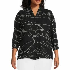Flash Sale 🧨 Investments Plus Size Caroline Signature V-Neck 3/4 Sleeve Button Front Linear Ripple Print Top ⭐