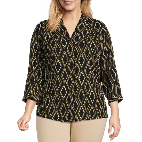 Cheapest ๐ Investments Plus Size Caroline Signature V-Neck 3/4 Sleeve Diamond Geo Print Button Front Top ๐ 1 Cheapest ๐ Investments Plus Size Caroline Signature V-Neck 3/4 Sleeve Diamond Geo Print Button Front Top ๐