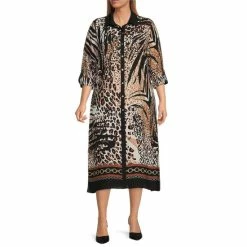 New 💯 Slim Factor By Investments Plus Size Animal Collage Print Point Collar Neck 3/4 Roll-Tab Sleeve Duster Top ⌛