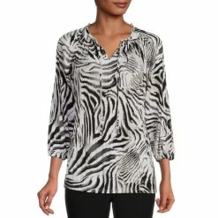 Hot Sale 😍 Investments Zebra Print Knit Pleated Tie Split V-Neck 3/4 Sleeve Top Neutral Zebra ⭐