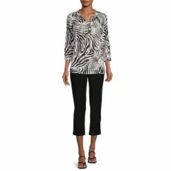 Hot Sale 😍 Investments Zebra Print Knit Pleated Tie Split V-Neck 3/4 Sleeve Top Neutral Zebra ⭐ -Investments Shop unnamed file 1535