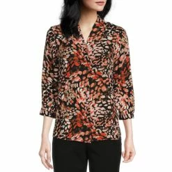 Top 10 🧨 Investments Caroline Signature V-Neck 3/4 Sleeve Dotted Movements Print Movements Button Front Top 👍