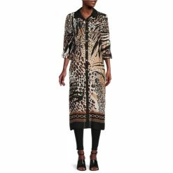 Wholesale 😀 Slim Factor By Investments Animal Print Collage Point Collar 3/4 Roll-Tab Sleeve Button Front Side Slit Duster Top Animal Collage ⭐