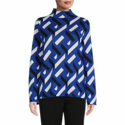 Outlet ❤️ Investments Petite Size Brick Print Long Sleeve Funnel Mock Neck Sweater Blue Brick ⌛