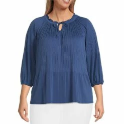 Coupon 🎉 Investments Plus Size Knit Pleated Tie Split V-Neck 3/4 Sleeve Top Black ❤️