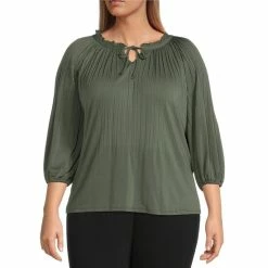 Coupon 🎉 Investments Plus Size Knit Pleated Tie Split V-Neck 3/4 Sleeve Top Black ❤️ -Investments Shop unnamed file 1576