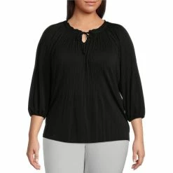 Coupon 🎉 Investments Plus Size Knit Pleated Tie Split V-Neck 3/4 Sleeve Top Black ❤️ -Investments Shop unnamed file 1578