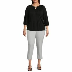Coupon 🎉 Investments Plus Size Knit Pleated Tie Split V-Neck 3/4 Sleeve Top Black ❤️ -Investments Shop unnamed file 1580