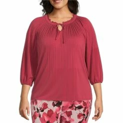 Coupon 🎉 Investments Plus Size Knit Pleated Tie Split V-Neck 3/4 Sleeve Top Black ❤️ -Investments Shop unnamed file 1581