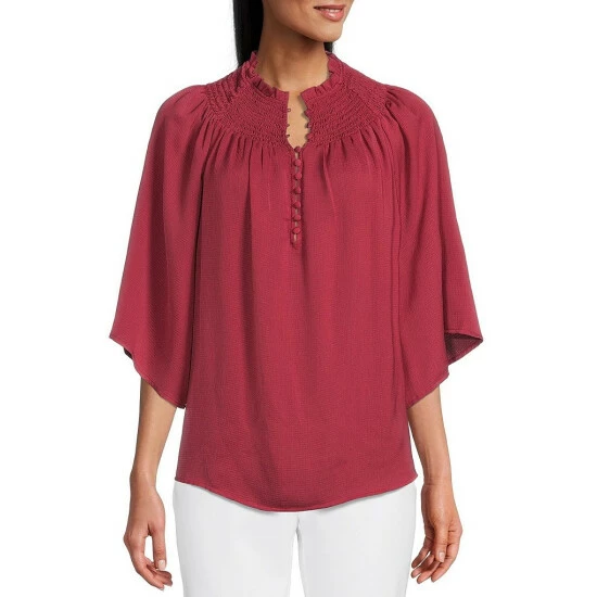 Wholesale ๐ Investments Petite Size 3/4 Sleeve Smocked Ruffle Crew Neck Partial Button Front Top Earth Red ๐ฏ 4 Wholesale ๐ Investments Petite Size 3/4 Sleeve Smocked Ruffle Crew Neck Partial Button Front Top Earth Red ๐ฏ - Image 4