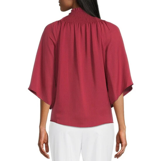 Wholesale ๐ Investments Petite Size 3/4 Sleeve Smocked Ruffle Crew Neck Partial Button Front Top Earth Red ๐ฏ 5 Wholesale ๐ Investments Petite Size 3/4 Sleeve Smocked Ruffle Crew Neck Partial Button Front Top Earth Red ๐ฏ - Image 5