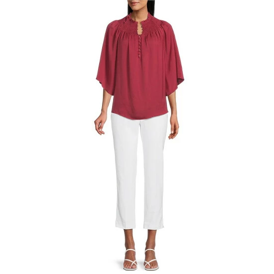 Wholesale ๐ Investments Petite Size 3/4 Sleeve Smocked Ruffle Crew Neck Partial Button Front Top Earth Red ๐ฏ 6 Wholesale ๐ Investments Petite Size 3/4 Sleeve Smocked Ruffle Crew Neck Partial Button Front Top Earth Red ๐ฏ - Image 6