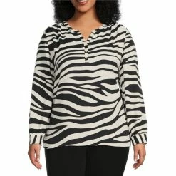 Best deal 🤩 Investments Plus Size Exploded Zebra Print Woven Long Sleeve Y-Neck Top 🎉